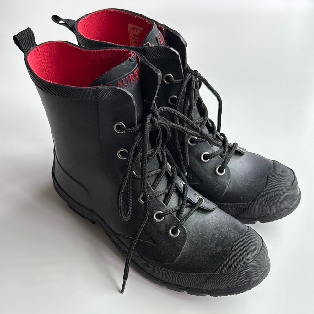 Lauren Ralph Lauren Mikenna-Bo-Rai Black Rubber Lace Up Ankle Rain Boots 7